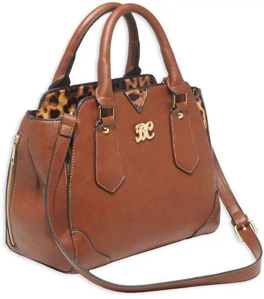 Bulldog Satchel Style Purse With Holster - Chestnut W/leopard Trim