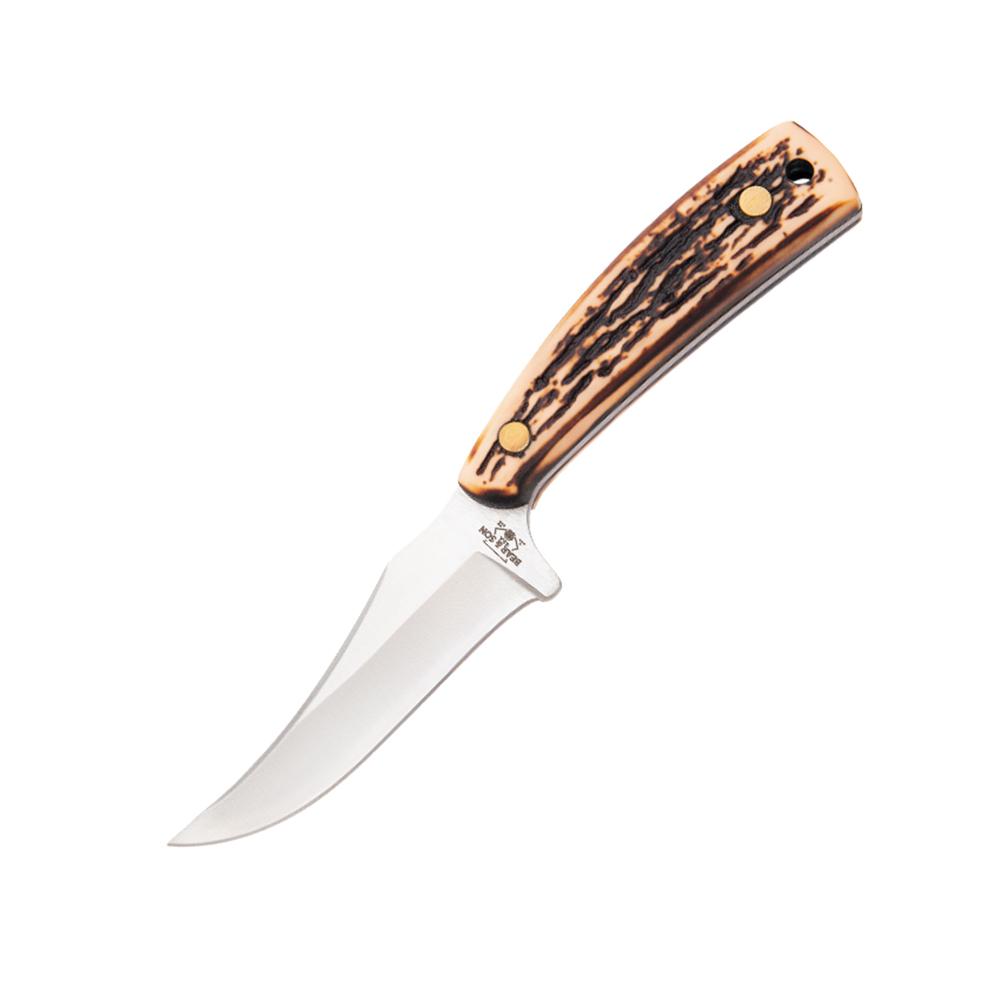 Bear & Son 7 1/4 Stag Delrin Upswept Skinner With Leather Sheath