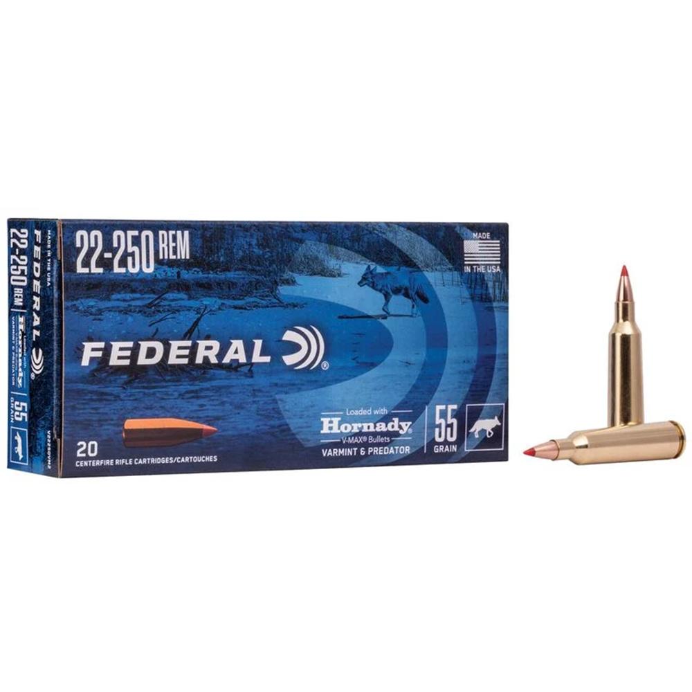 Federal 22-250 Rem 55GR V-max Ammo 20RD