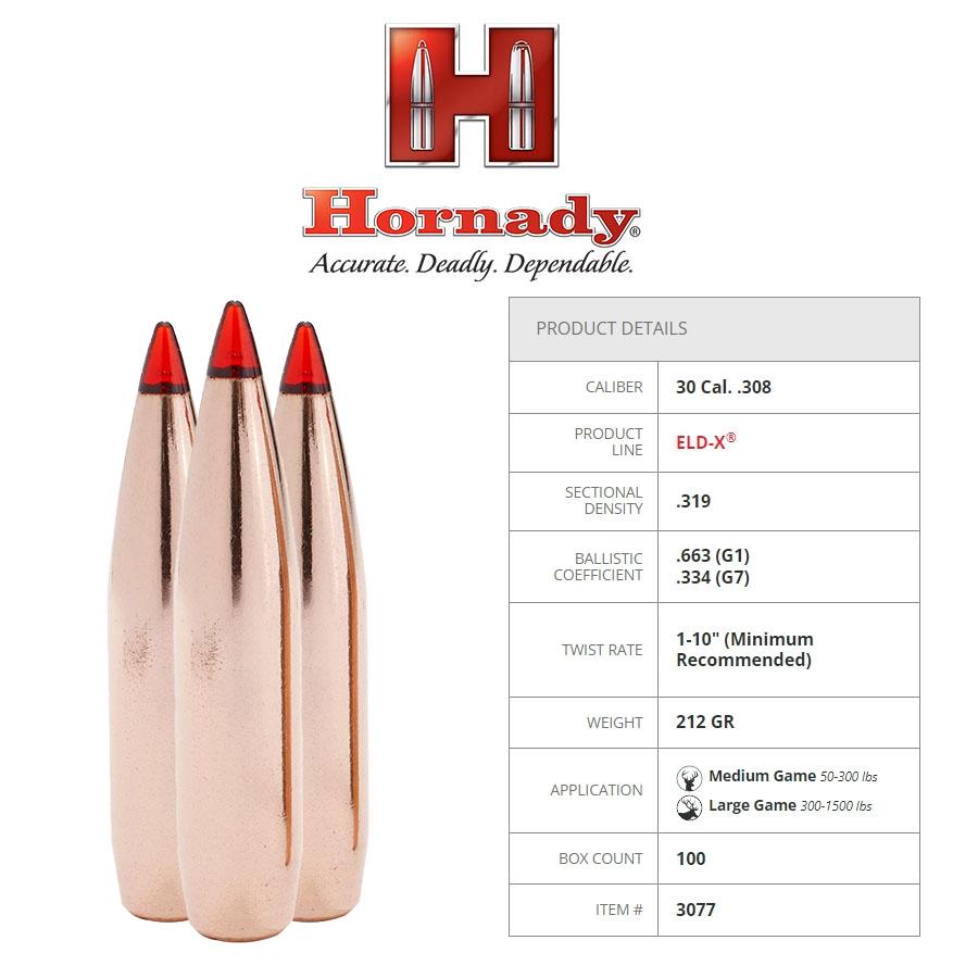 Hornady 30 Cal .308 212 Gr Eld-x 100 Count Bullets - Image 3