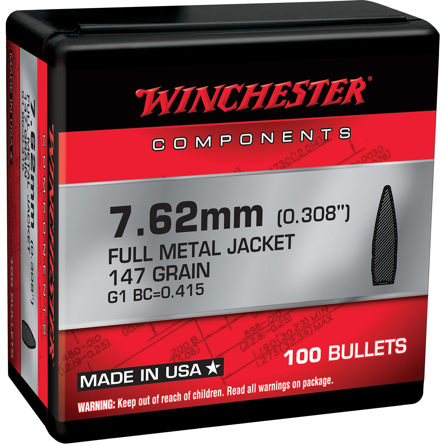 Winchester 7.62MM 147GR Fmj Boat Tail Bullets 100 Count