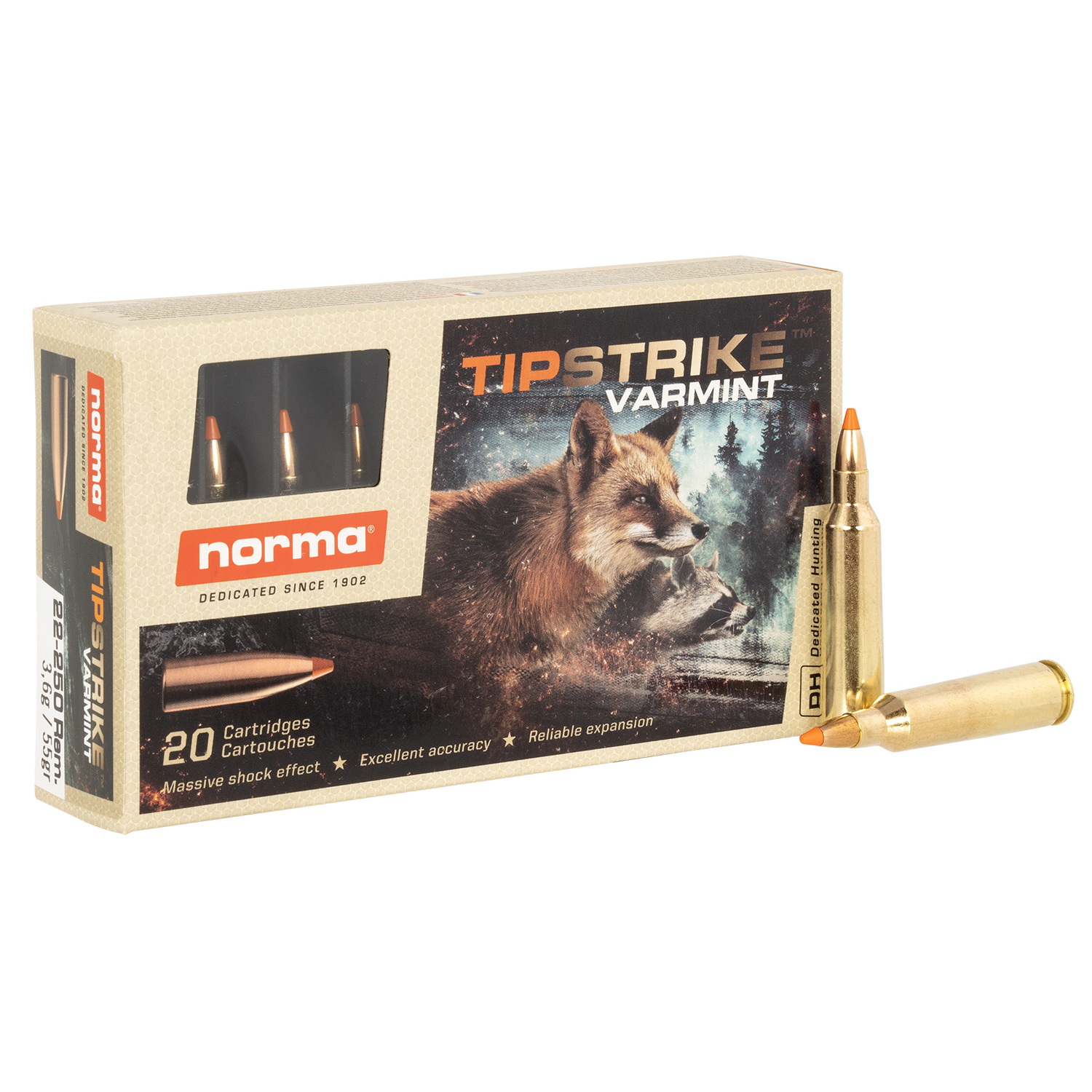 Norma Tipstrike .22-250 Rem 55GR Varmint 20RDS Ammo