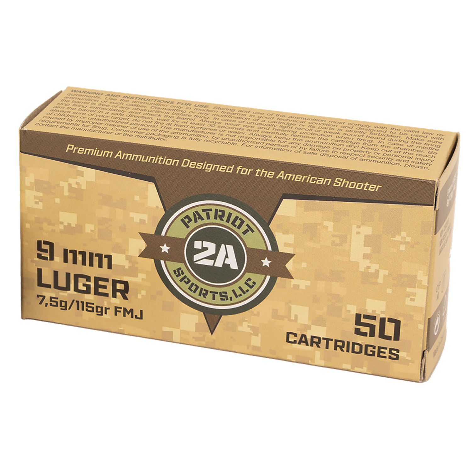 Patriot Sports 9MM 115GR Full Metal Jacket 50RD 20 Boxes Per Case