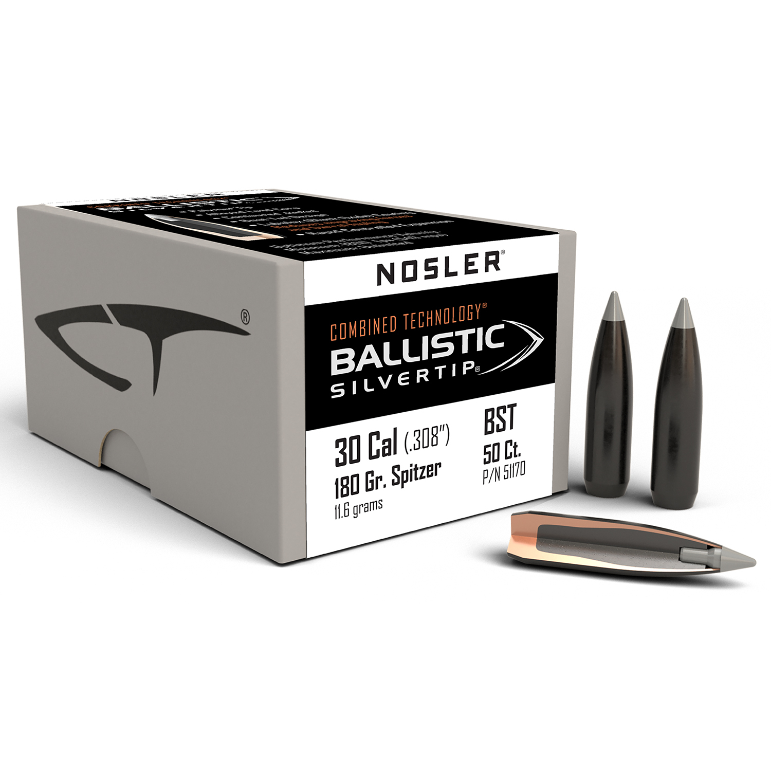 Nosler 30 Cal .308 180GR Ballistic Silvertip Hunting Bullets 50 Pk.