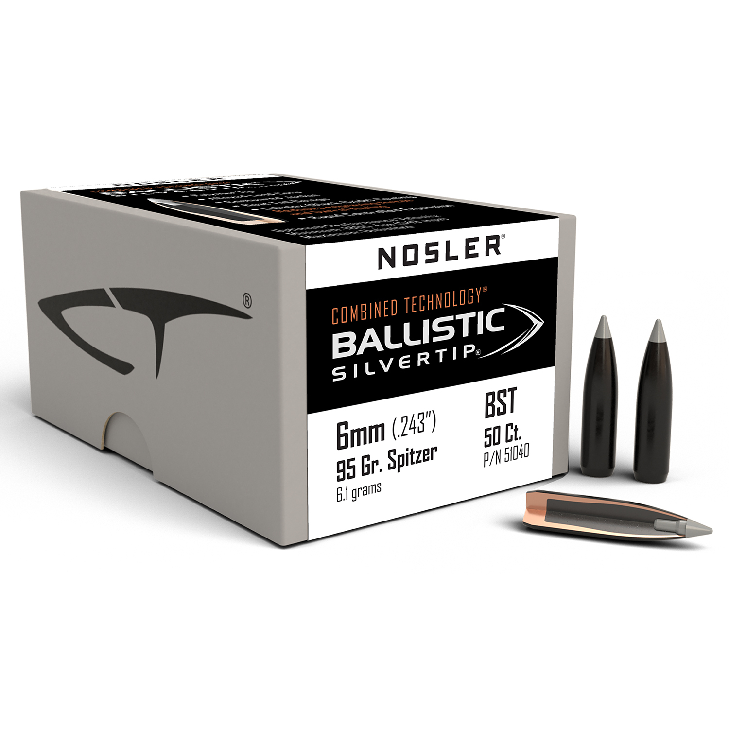 Nosler Ballistic Silvertip 6MM .243 95 Gr Spitzer Boat Tail 50 Ct