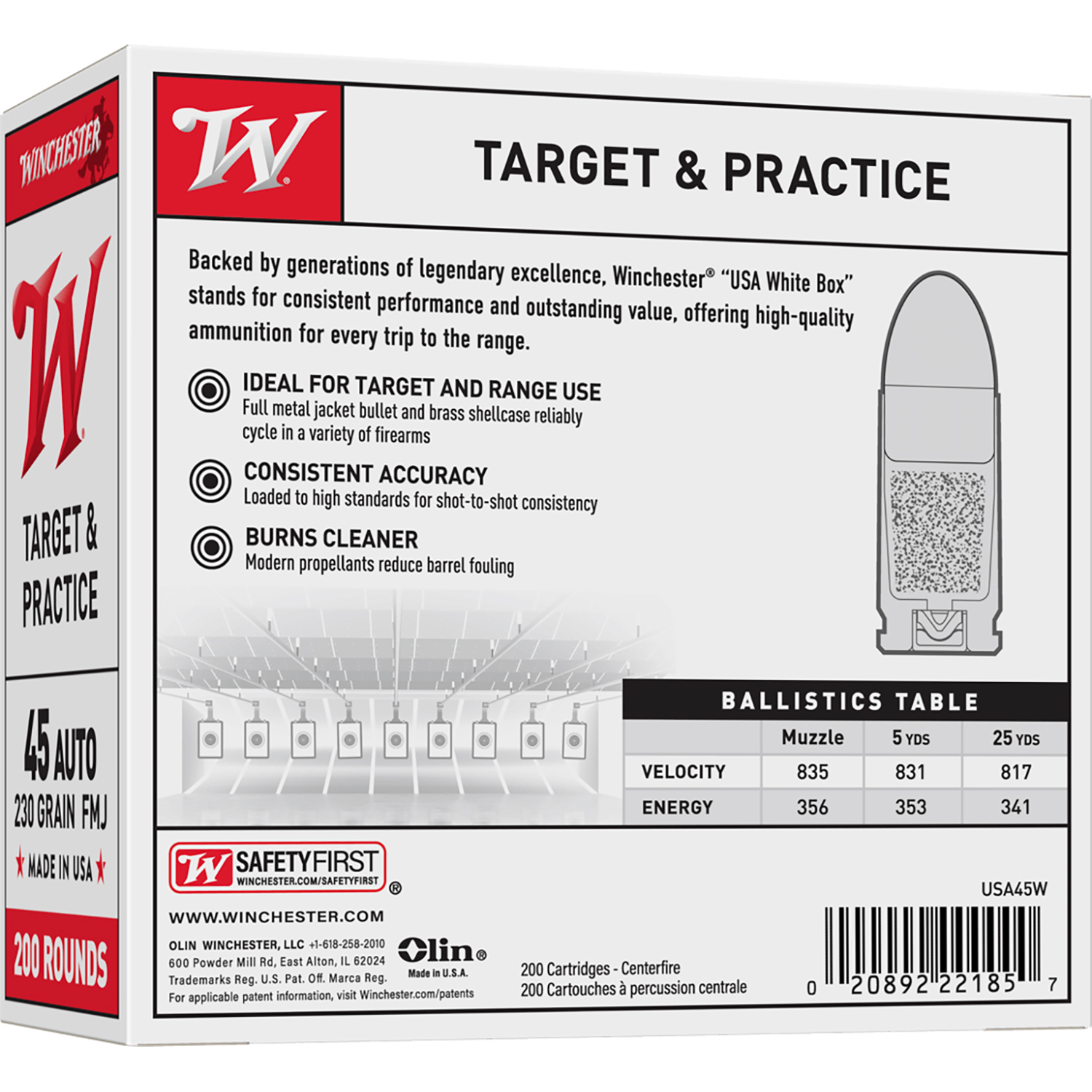 Winchester Usa 45 Acp 230GR Fmj 200RD Box - Image 2